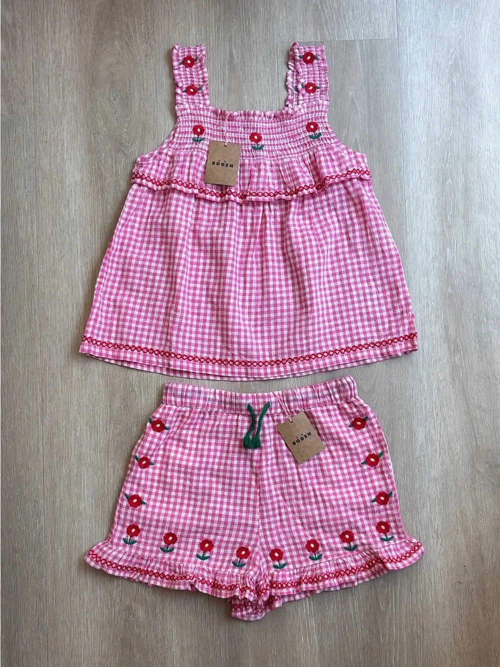 NWT Mini Boden Pink Gingham Smocked Tank & Floral-Embroidered Set Size 11/12